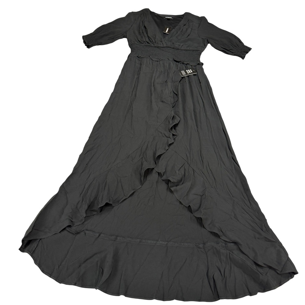 Express Black High Low Ruffle Maxi Dress Smocked Waist V-Neck Small MSRP $79